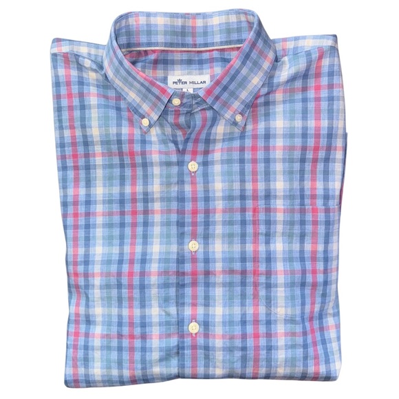 Peter Millar Crown Sport Shirt Acadia Falls Plaid Pink Blue - Picture 6 of 6